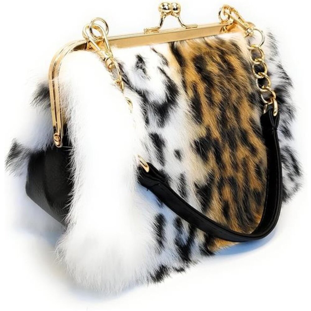 Leopard Print Rex Rabbit Fur Clutch with Gold Clasp and Dual Detachable Straps